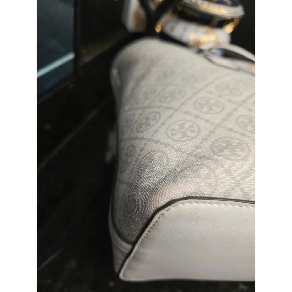 Tory Burch T Monogram Coated Canvas Tote White Gray Logo Crossbody Bag Luxury